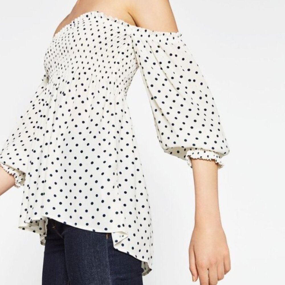 Zara White and Black polka dot strapless off the shoulder top, NTW, sz L